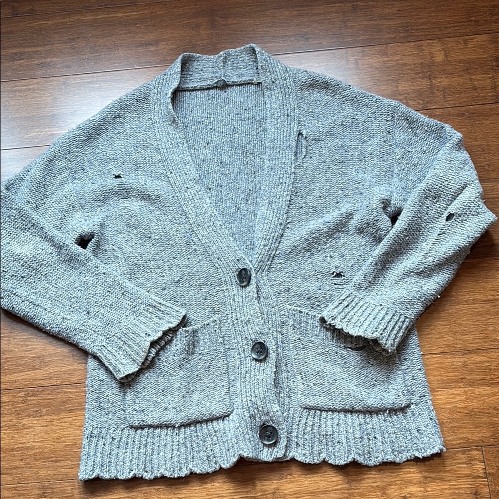 Margaret O’Leary wool blend distressed Gray blue Women's Cardigan Sweater, xS